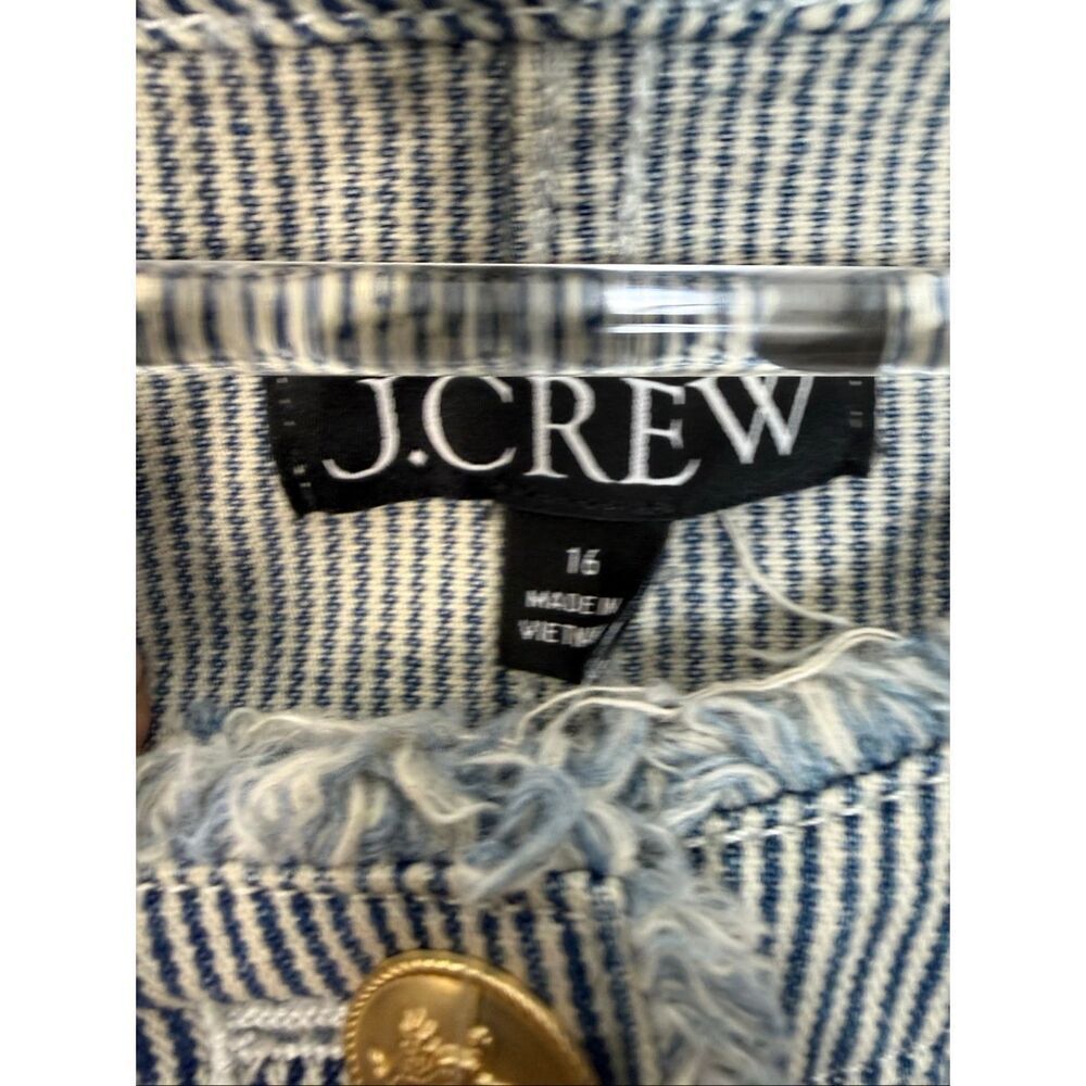 J.Crew Blue White Stripe Denim Cropped Jacket Size 16 NWT 100% Cotton Frayed Tri - Picture 3 of 5